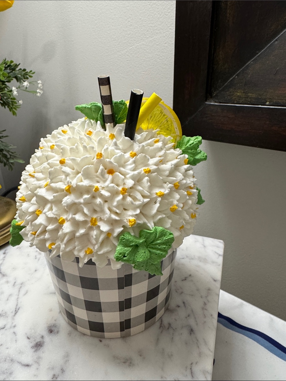 Faux White Floral Decor with Lemon Slice and Green Leaves - fake - Picture 4 of 8